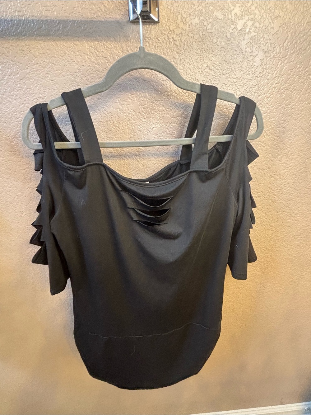 Black Cold Shoulder Cutout Top Ruffle Sleeve Stretchy Blouse